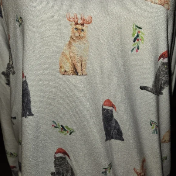 PJ Salvage Pajama Top US Womens L White Christmas Persian Cats Pullover - Picture 4 of 4